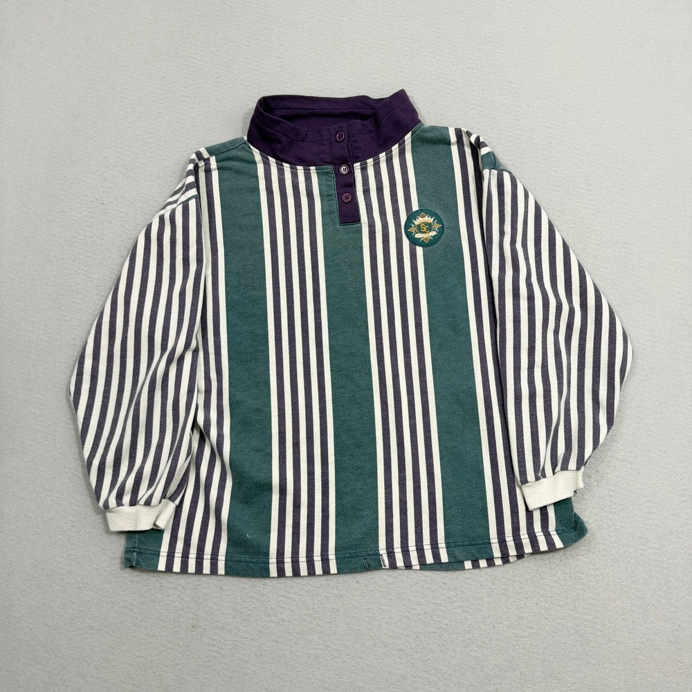 Vintage Boldies Top Women Large Green Striped Long Sleeve Henley Mock Neck 90s